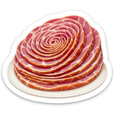 dry-cured ham, thin folded slices, deep pink to red, white fat streaks, silky, translucent, marbled, folds or curls, creamy integrated fat, no bread, fruit, plate, or faces, clean 3D, soft shadows, transparent background, emoji scale sticker