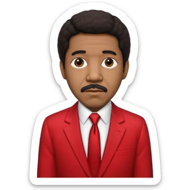 Richard Pryor with dark brown hair, red suit jacket, black suit shirt with red tie sticker