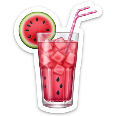 pink soft drink with a watermelon chunk on the rim of glass sticker
