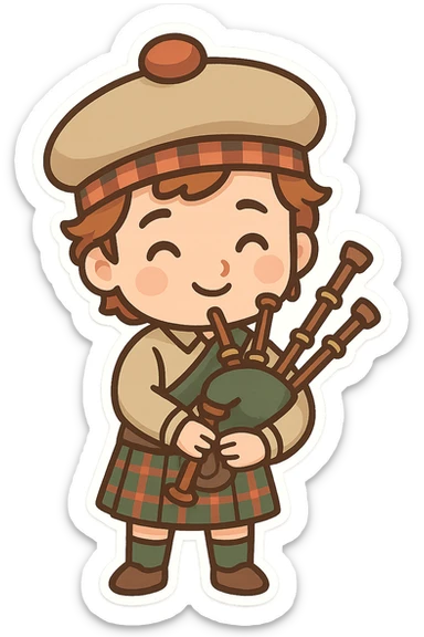 Scottish man with bagpipe, wearing a tam o'shanter hat and kilt, standing, smiling, cartoon style, no background sticker