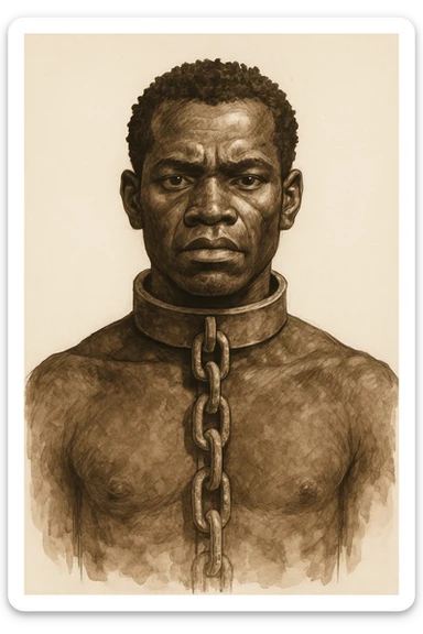 Сгенерируй мне в чуть рисованном стиле африканского раба, и на шее у него оковы с цепью, он смотрит четко прямо без эмоций. На белом фоне sticker
