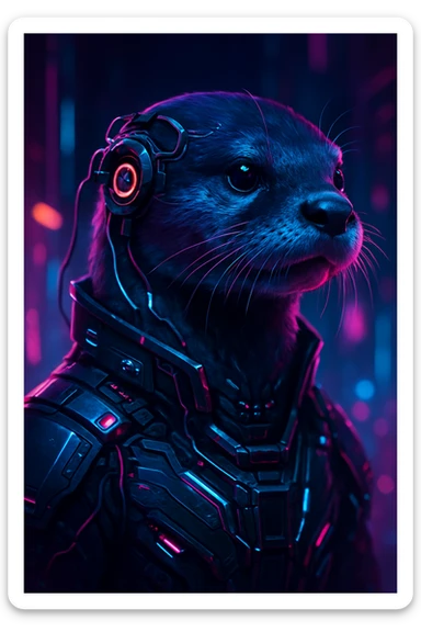 futuristic otter portrait with neural interface, neon reflections, sleek cyberpunk style sticker