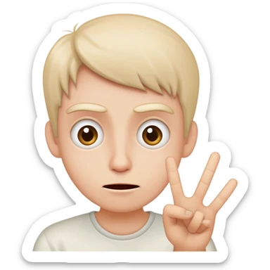 A wide eyed grimacing anxious face who’s acting like everything is fine with a peace sign up  sticker