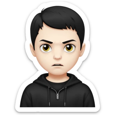 Vampire boy with the short black hair, pale-white skin, black eyes, little fangs and dark circles under his eyes. He has serious face and he wear a black oversize sweatshot sticker