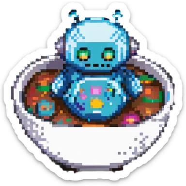 cute robot peeking out of a bowl, pixel art style sticker