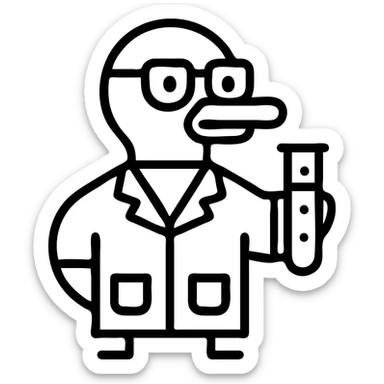 duck in a lab coat with glasses, holding a test tube, icon style, clear outlines, minimalistic design sticker