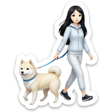 A woman with long black hair walks a white Shiba Inu sticker
