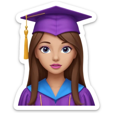 pretty girl with beautiful extremely long brown hair, blue eyes, long lashes makeup, sexy pink lips, wearing a purple graduation cap and gown sticker