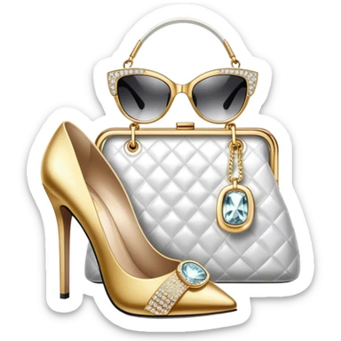 A photorealistic icon featuring luxurious fashion accessories like a high-end handbag, elegant high heels, a sparkling diamond necklace and a stylish pair of sunglasses. The design includes gold accents, soft lighting, and glamorous textures, fashion, and VIP luxury. Transparent background sticker