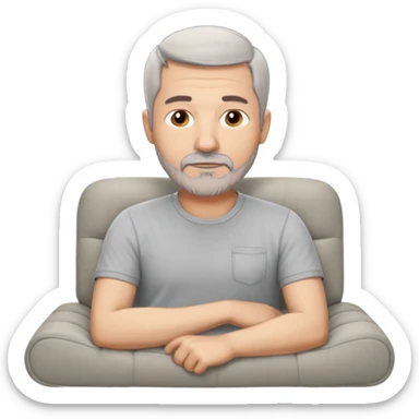 a 50 year man, short grey hair, stubble beard, laying on a ottoman of a light grey cord sofa, front view sticker