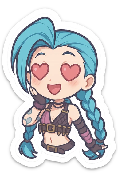 Jinx from League of Legends with heart-shaped eyes, chibi style, wearing a purple outfit sticker