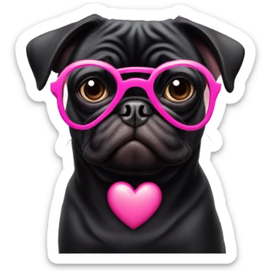 Black pug wearing heart shaped pink glasses  sticker