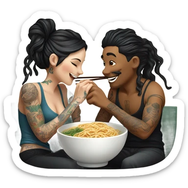 romantic noodle date with beautiful loving tattooed white couple sharing noodle sticker