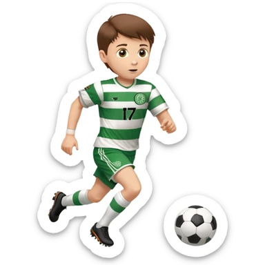 Celtic footballer jersey logo  6 years old brown hair white boy , brown eyes , stripes uniform , RUNNING  with soccer ball # 17 celtic football logo PUT ONLY ONE LOGO sticker