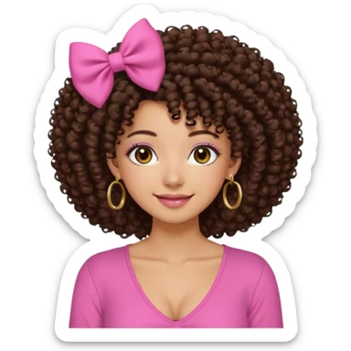Naturally tan skin girl short darkBrown curly afropink shirt very long lashes hoop gold earrings Brown eyes gyaru smiling closed mouth cute bow hairclip small on the side. V neck pink shirt sticker