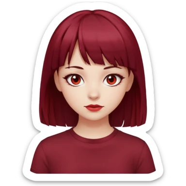 beautiful girl with dark maroon and red medium hair, straight bangs and red bando, red eyes, brown long tshirt, white skin sticker