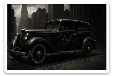 classic black 1920s Chicago mobster car with bullet holes, city backdrop, vintage noir style sticker