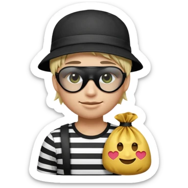Realistic ios emoji-style portrait of a classic burglar, a black eye mask and a black-and-white striped shirt. Highly detailed, natural skin texture, realistic shadows, smooth gradients, glossy reflections in the eyes. emoji-like hair, black hat, an ios emoji bag of money in a right corner  sticker