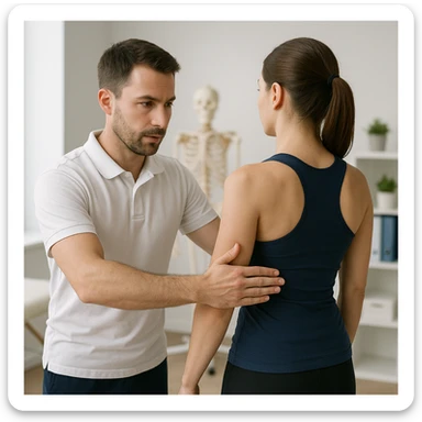 realistic kinesiologist evaluating a patient's posture during a kinesiological assessment in a clinical environment, inspired by reference photo https://attic.sh/r66tucayi7ewfjges2vhulor9bux sticker