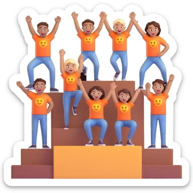multi-racial group on a brown winners’ podium with the middle step higher, no numbers, all in colorful jeans, t-shirts, and hoodies, excited fun expressive 3D emoji style sticker