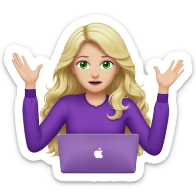 lady with long wavy blonde hair, purple top, green eyes, throwing her with a purple mac laptop hands in the air crying sticker