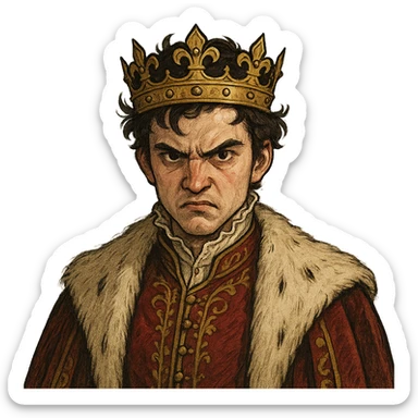 angry prince with crown, white skin, dark eyes, dark hair, varied style sticker