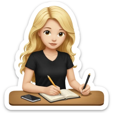 A beautiful blonde with long wavy hair in a black T-shirt sits and writes in a diary with a brown pen without table  sticker