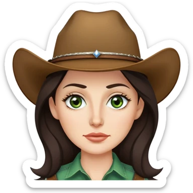 Me  a white woman with long dark brown hair green eyes and thin top lip and big bottom lip and a mole on my left side of my chin very thin eyebrows with a scar on the right eyebrow and a cow girl sticker