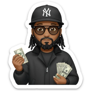 African American man with shoulder length black dreadlocks with black beard wearing black sunglasses wearing a black New York Yankees logo baseball Cap wearing a black bubble winter coat counting money in his hand sticker