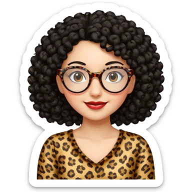 A women with a black curly hair and heart glasses, leopard print dress sticker
