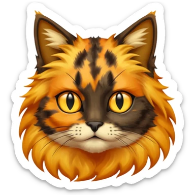 long hair tortoiseshell cat with a black face and yellow lightning mark above nose sticker