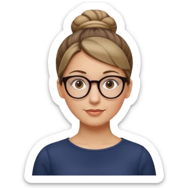 femme de 38 ans avec des cheveux blond foncé sans mèche devant, un chignon haut, yeux bruns, lunettes rondes sticker