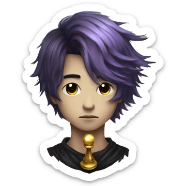 Hamlet young skinny sad man iridescent hair wearing raven feathers with a gilded hourglass and golden flames yin yang chess board sticker