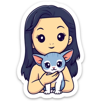 beautiful girl with long black hair holding a hairless sphinx cat sticker