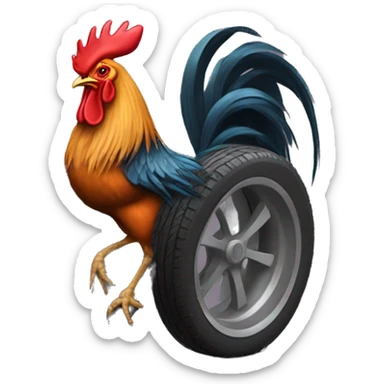 A rooster who has a car tire instead of a body sticker