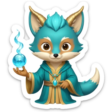 Chibi teal fox with small antler horns, confident magical expression, gold mark on forehead, teal-gold robe, holding glowing blue water orbs, with dragon tail with small antler horns on its head sticker