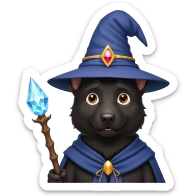 all black german shepherd face wearing a wizard hat and staff and magic emmiting from him sticker