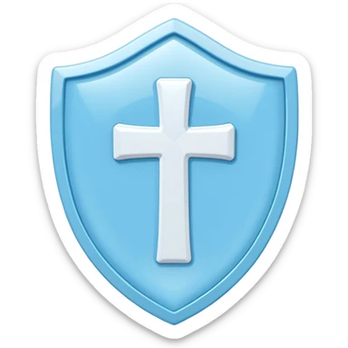 A cute 3D render icon of a protective shield. Rounded edges, plump, glossy plastic material. Sky blue and white color palette. A subtle, soft white cross or heart symbol embossed in the center. Clean studio lighting, soft shadows. Isolated on a light pastel background. Minimalist design. sticker