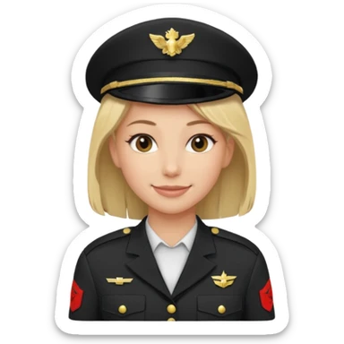 Apple-style emoji: female soldier, bust, no cap/helmet, friendly smile,black color blonde hair sticker
