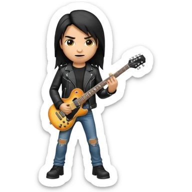 3D Apple-style emoji of a metal musician. Long hair, black leather jacket, ripped jeans, holding an electric guitar. Intense expression, glossy, rounded, smooth, soft shadows, white background.









 sticker