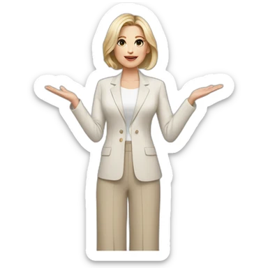 Full height Actively gesturing with hands pale skin woman with ash blonde Straightened bob Hair, White Spacious classical jacket, beige palazzo Arrow pants and gray blouse sticker