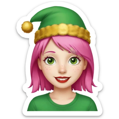 Create a girl with pink hair and green eyes with long eyelashes and a smiley face. She has freckles in her face and a lit of bit of lipstick on her mouth, she’s also got gold birthday hat on her head with gold pom poms on top of it, and her T-shirt is red sticker