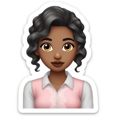 Fair girl with Cupid bow lips and long eyelashes and black eyes straight eyebrows wavy long black hair pink blush on cheeks wearing flare lace shirt  sticker