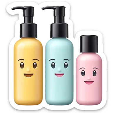 emoji of three different beauty products, with brand labels, minimalistic but luxury design (realistic), pastel colors sticker