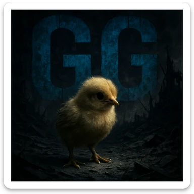 Small chick in a devastated world with blue letters 'GG' integrated into the background, dramatic and contrasting style, impactful and dark environment. sticker