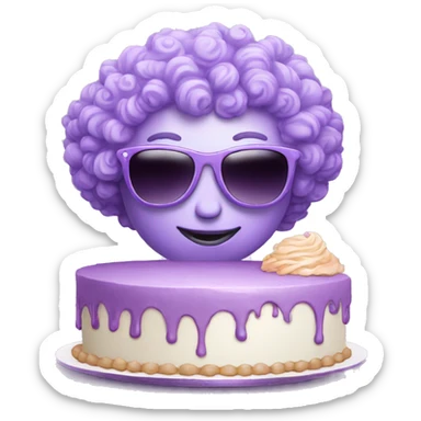 lilac alien with curly hair and sunglasses making a cake sticker