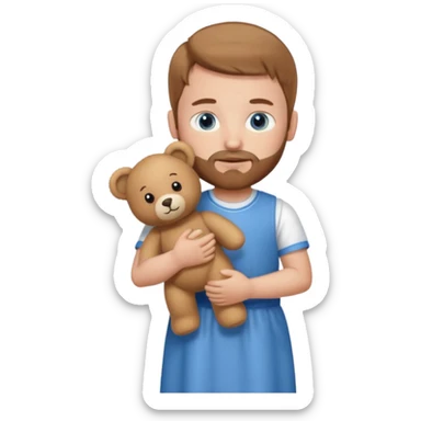 Boy eith light brown hair and a beard, blue eyes, with a dress and a bear in his hands sticker