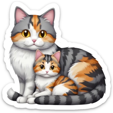 full body colourful light patched calico + white tabby cat cuddling a bigger cat that is dark grey and white tabby cat  sticker