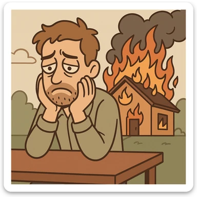 a man sits sadly at a table, a house is burning behind him, cartoon style sticker
