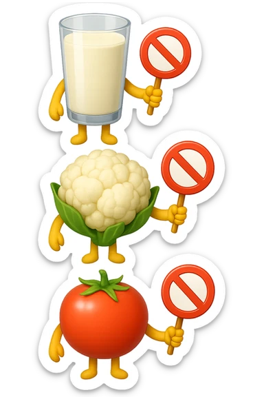 emoji stile iphone di un BICCHIERE DI LATTE CAVOLFIORE E POMODORO CHE FLUTTUANO IN ARIA VERTICALMENTE CON DIVIETI IN MANO, iperrealistico 4k, isolato su sfondo bianco sticker
